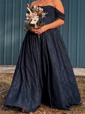 Off-Shoulder Navy Floral Jacquard Evening Gown